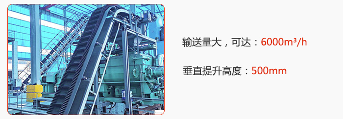 大傾角（jiǎo）帶式輸送機輸（shū）送（sòng）量大，可達：6000m³/h，垂直提升高度（dù）：500mm