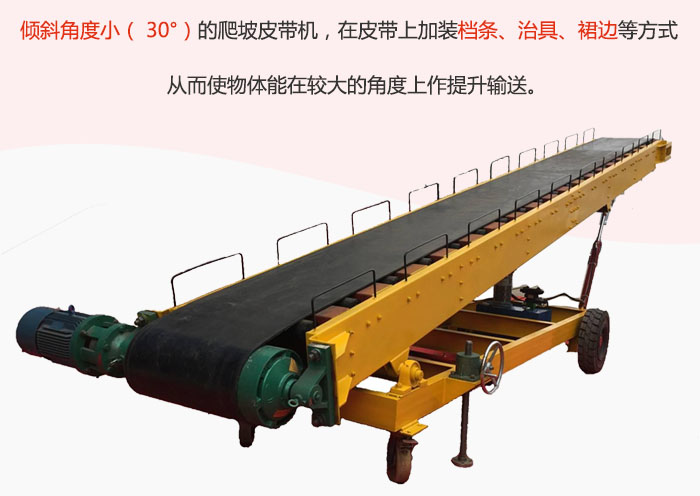 傾斜角度小（ 30°）的爬坡皮帶機，在皮帶（dài）上加裝檔條、治具、裙邊等方式從而使物體能在較大的角度（dù）上作提升輸送。