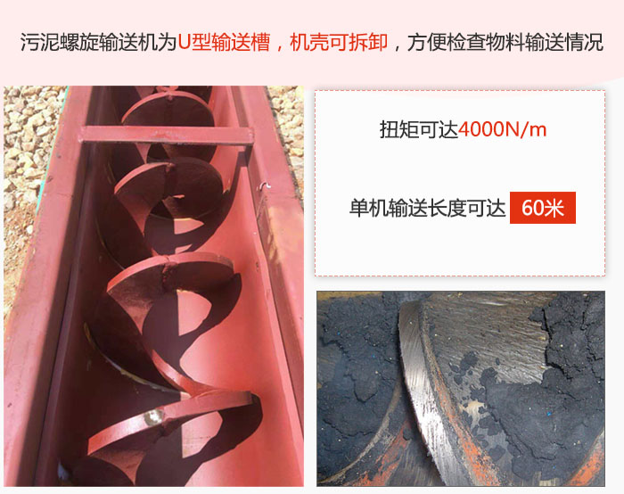 汙泥螺旋輸送機采用U型輸（shū）送槽，機殼（ké）可（kě）拆卸，方便檢查物料（liào）輸送情況。