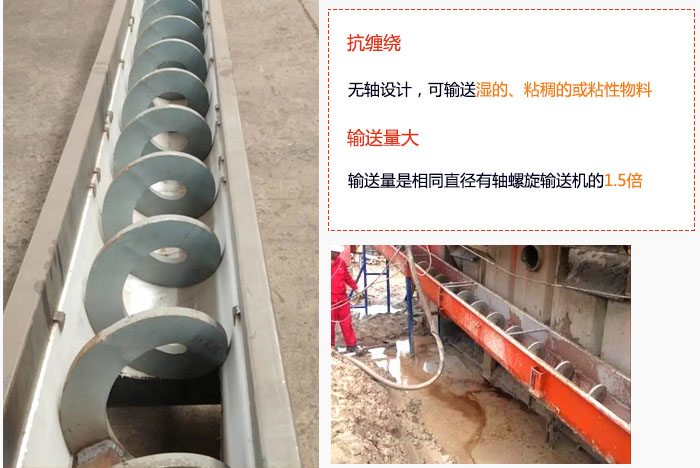 WLS無軸螺旋（xuán）輸送機輸送量大是相同（tóng）直徑有（yǒu）軸螺旋輸送機的1.5倍，抗纏繞性好，無軸設計，可輸送濕（shī）的、粘稠的或粘性物料。